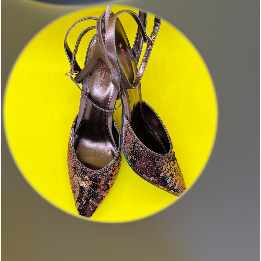 Nwot Stefani collection heels sz. 10 sequin bronze brown 4 in. Satin str…